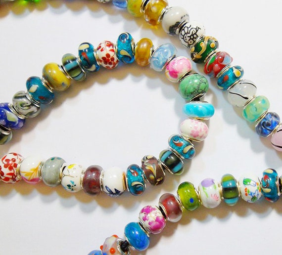 20 Motifs European Beads Glass Charms Beads Large Hole Beads