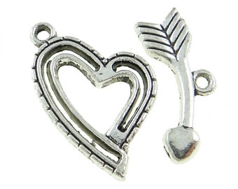 16 Set Knebelverschlüsse Antik Silber 21mm Herz Toggle Verschluss Metall T-Schließe Schmuckherstellung für Armband Halskette Schmuck Basteln
