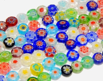 Millefiori Perlen Glas Münze 6mm Glasperlen 1 Strange 48Stk Bunte Mix Handgearbeitete Perle Lampwork Beads