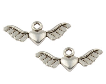 10pcs metal beads wings angel with heart metal pendant metal wings silver color angel wing beads 28 mm metal spacer jewelry parts