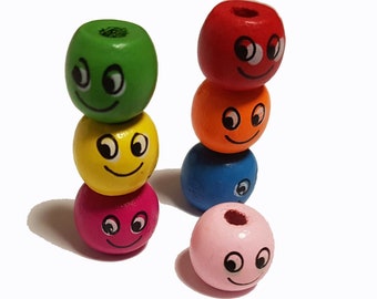 60 wooden beads 14 mm colorful ball smiley face wood saliva-proof jewelry decoration