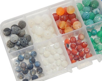 Agate Stone Set 165pcs Gemstone Beads Set with Sorting Box 6mm and 8mm Matt Agate Crackle 5 Colors Jewelry Craft Set