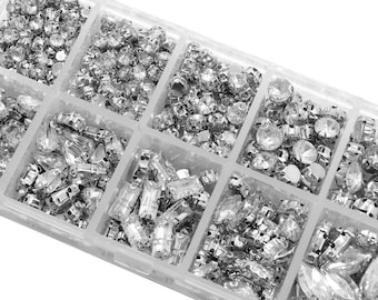 Pack of 230 rhinestones for sewing on, glitter stones for sewing on, 4 holes, sewing buttons, crystal, acrylic stones, metal prong setting, crystal clear