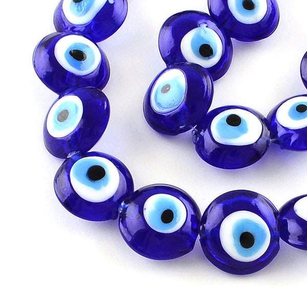 12x Nazar Boncuk 15 mm perles de verre rondes plates perles de dinde mauvais œil yeux bleus bijoux artisanat