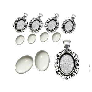 Set van 6 metalen hangers en 18 mm ovale glazen transparante cabochon setting frame medaillons super optische knutselset