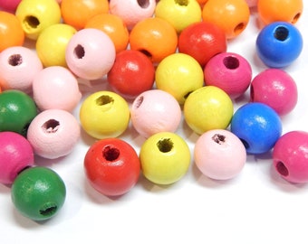 Pack of 50 wooden beads, colorful 18 mm wooden beads for threading, wooden balls for crafts with hole spacer intermediate beads for DIY jewelry