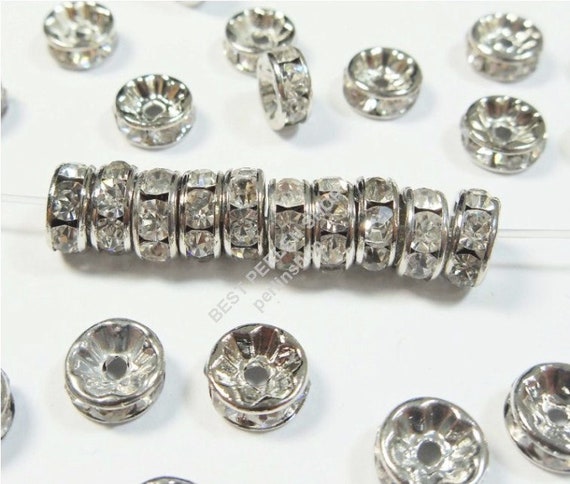 50 Glas Strass Rondell Spacer Metallperlen 8mm Silber KLAR Crystal PERLEN Strasssteine R25A