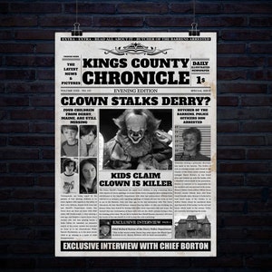 Kids Claim Clown Is Killer Newspaper Article 20 inch x 30 inch 300Dpi Poster Digital Download