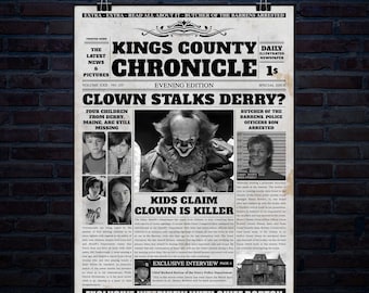 Niños afirman que el payaso es asesino (artículo de periódico, 20 x 30 pulgadas, 300 dpi, descarga digital)