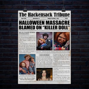 May include: A newspaper headline reads "Halloween Massacre Blamed on "Killer Doll"". The article discusses a recent murder investigation in Hackensack, NJ, where a boy is in custody for multiple murders. The article also mentions a connection to a similar case in Chicago, IL, involving a possessed doll named "Chucky".