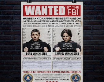 Póster digital de Sam y Dean Wanted de 20 x 30 pulgadas y 300 ppp. Descarga digital.