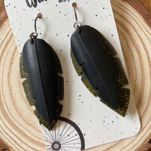 Upcycled Bike Tube Rubber Black / Speckled Yellow Feather Earrings. Sterling Silver, Hand Made in USA