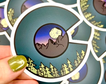 Colorado Flag Sunset Moon Sticker | Turquoise Evergreen Mountain Decal