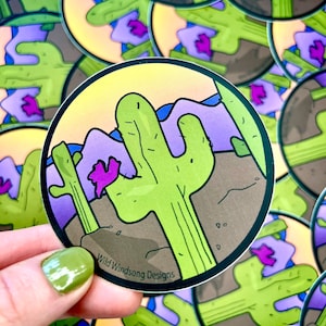 Cactus Desert Sunset Round Sticker, Boho Saguaro Arizona Vinyl, Dreamy West Vibes Decal Gift for Him / Her, Mountain Hills Succulent Laptop