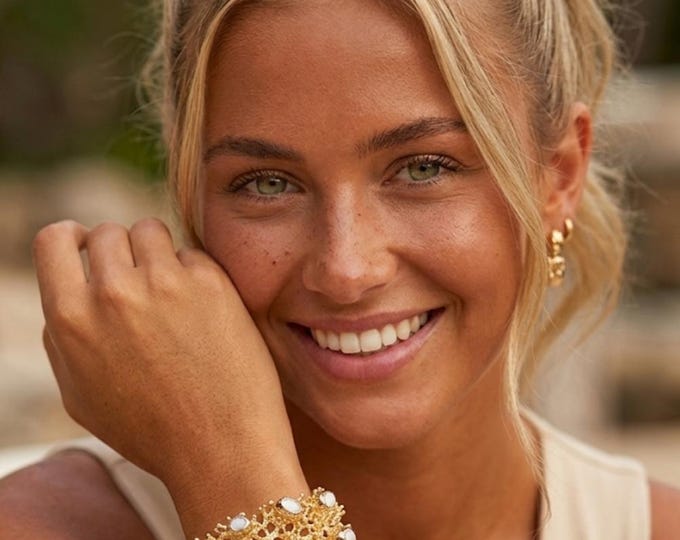 Gold-plated coral bracelet with natural pearls - nature sea gift - handmade -