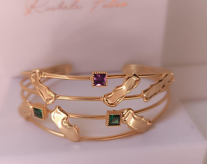 Bracciale Rigido Oro Multifilo Regolabile con Topazi Quadrati Multicolor, Bangle Cuff 4 Fili Design Astratto Moderno Rachele Falvo