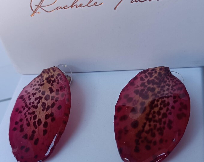 Orecchini Petali Orchidea Vera Rosso Amaranto e Resina, Gioielli Botanici Fiori Veri Argento, Regalo Donna Unico Fatto a Mano Elegante