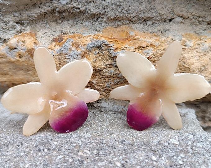 Orecchini Orchidea Bianca Viola, Pendenti Fiori Veri in Resina, Gioielli Botanici Leggeri, Stile Elegante, Regalo Unico Per Lei