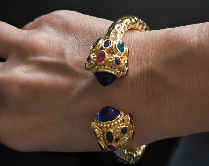 Bracciale Bizantino Oro con Quarzite Blu e Topazi Naturali Multicolore, Bracciale Rigido a Molla Stile Antico, Gioielli Artigianali