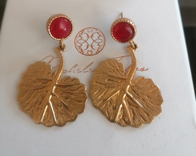 Matte gold leaf earrings on bronze and finished with natural carnelians