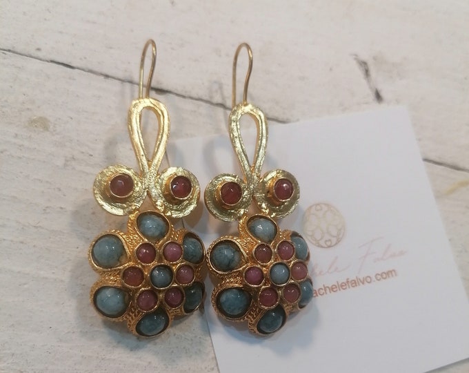 Antique-style gold earrings with blue topazes and pink corals