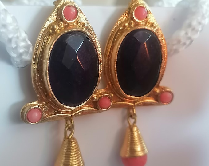 Etruscan Inspired Gold Bronze Earrings with Amethyst and Pink Coral - Antique Style Handcrafted Jewelry
