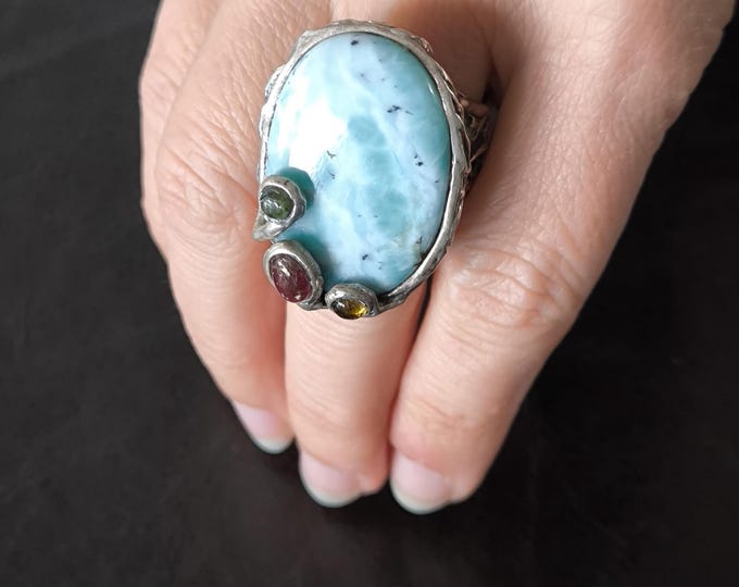 silver ring, central natural Larimar and mixed color tourmalines