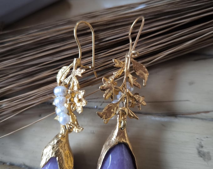 matte gold on bronze earrings with pearls and raw amethysts