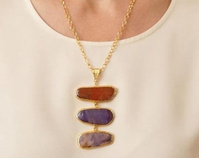 Collana Lunga Oro con Pendente di Agate Naturali Multicolor, Girocollo Regolabile Catena Rolò, Gioielli Pietre Dure Rachele Falvo