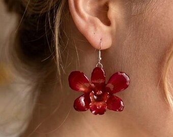 Real Red Resin Orchid Drop Earrings, Real Flower Jewelry with Silver Earring, 3D Botanical Earrings, Elegant and Unique Gift for Women