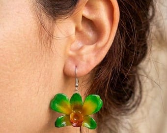 Green and Yellow Resin Orchid Drop Earrings, Real Flower Jewelry with Silver Earring, 3D Purple Earrings, Handmade Gift for Women