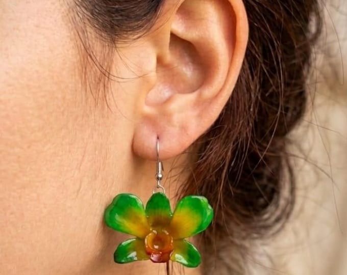 Orecchini Pendenti Orchidea Vera Verde e Gialla Resina, Gioielli Fiori Veri Monachella Argento, Orecchini 3D Viola Regalo Donna Artigianali