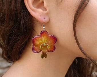 Real Vanda Orchid Earrings in Plum Purple Resin, Real Flower Jewelry with Silver Earwires, 3D Bronze Earrings, Unique Gift for Women