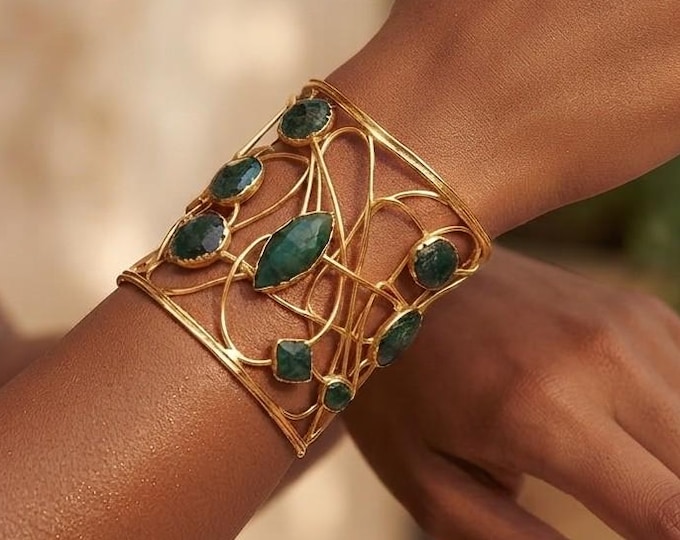 Bracciale Schiava Oro con Malachite Verde Naturale Sfaccettata, Bracciale Cuff Alto Regolabile a Fili Intrecciati, Gioielli Moderni Donna