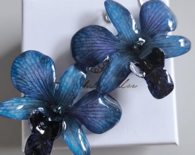 Orecchini  Con Orchidea Vera Blu in Resina, Gioielli Botanici Donna, Pendenti Fiori Veri Regalo elegante per Lei, Orecchini Artigianali