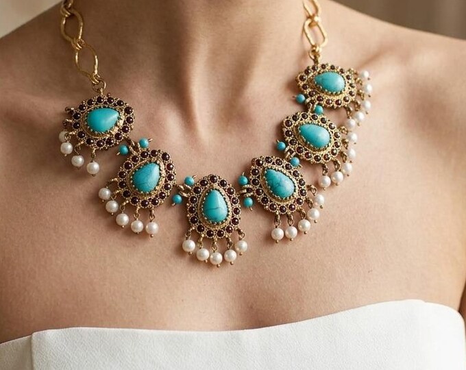 Collana Etrusca Bizantina Oro, Girocollo Turchese Perle e Quarzo Marrone, Gioielli Scultorei d'Arte Rachele Falvo, Regale Fatto a Mano