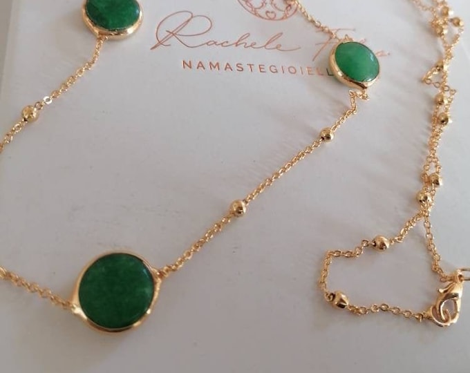 Long necklace made of matte gold on bronze and natural stones