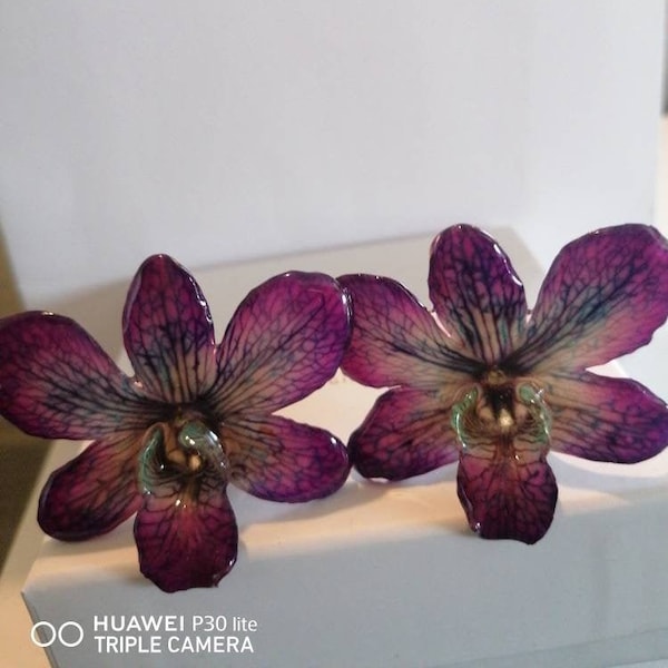 Pair of purple Dendrobium orchids with turquoise green veins embedded in resin with silver hooks