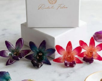 Real Resin Orchid Earrings in Fuchsia or Purple, Real Flower Jewelry with Silver Earwires, Colorful 3D Earrings for Women, Gifts for Her, Variants