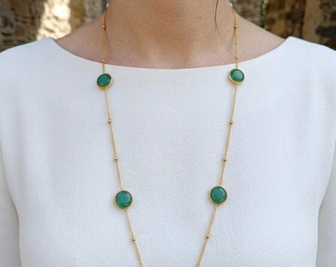 Collana Lunga Giada Verde Oro, Sautoir Convertibile Girocollo Doppio Bronzo Dorato, Gioielli Eleganti Rachele Falvo Pietre Naturali