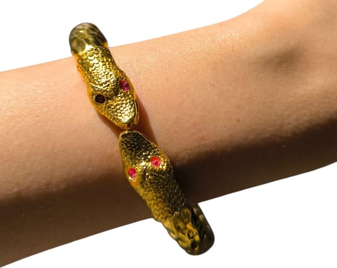 Bracciale Serpente Oro con Tormaline Rosa Naturali, Bracciale Rigido a Molla Stile Antico, Gioielli Artigianali Donna Rachele Falvo