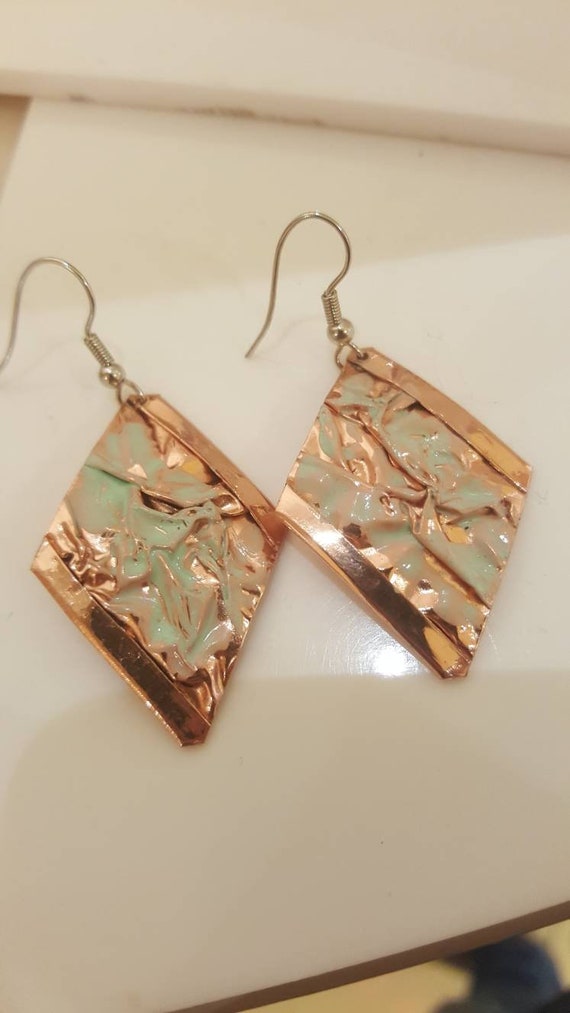 Rhombus earrings handcrafted in copper and cold enamel by goldsmiths 100% hypoallergenic pewter hooks