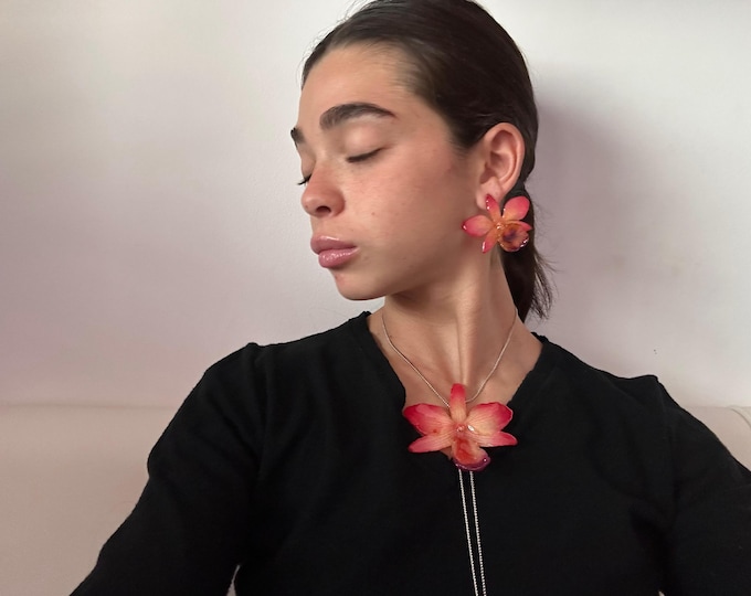 Parure Orchidee Vere in Resina, Set Collana e Orecchini, Gioiello Botanico Argento, Regalo Artigianale Unico, Completo Fiori Veri Primavera