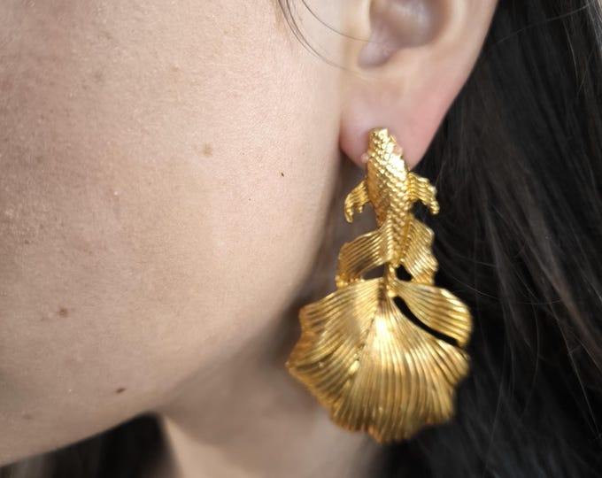 Japanese carp fish ear stud earrings in gold on bronze and pink coral stones