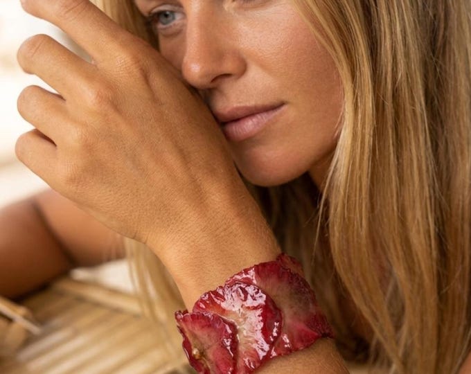 Real orchid bracelet with lobster red petals embedded in resin - handmade botanical gift