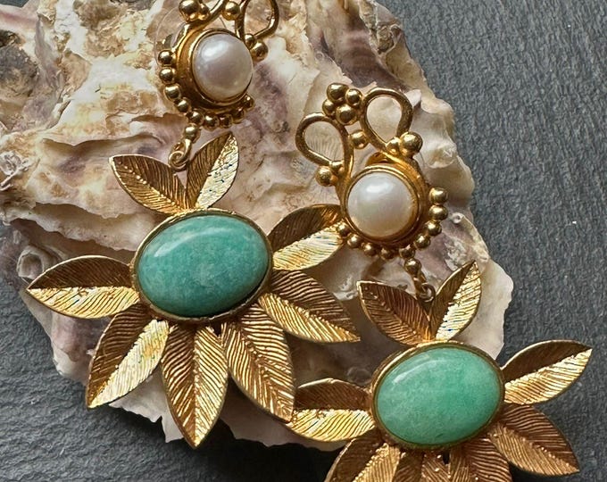 Matte gold leaf earrings on bronze and finished with pearls and faceted topazes