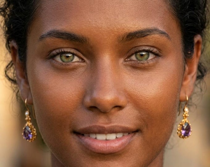 Byzantine-inspired gold-plated drop earrings with natural faceted pearls and amethysts.