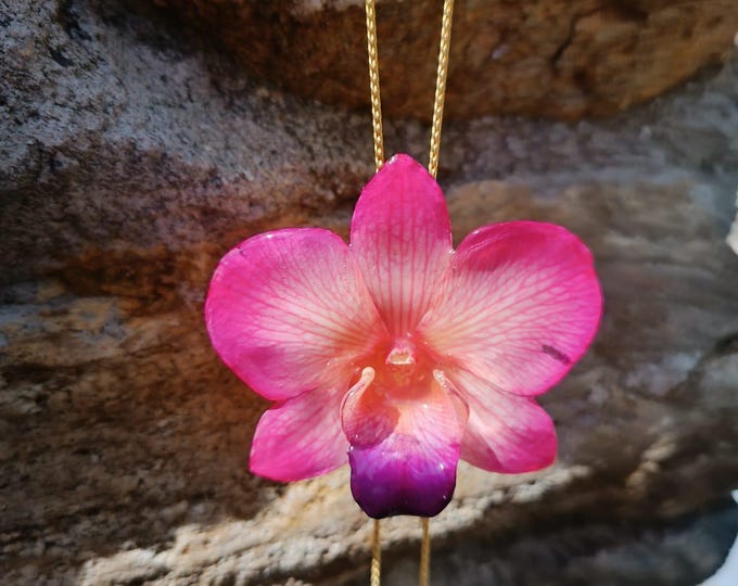 Collana Orchidea Rosa Vera in Resina, Pendente Fiore Naturale, Gioiello Botanico Saliscendi Regolabile, Anallergica Regalo Unico per Lei