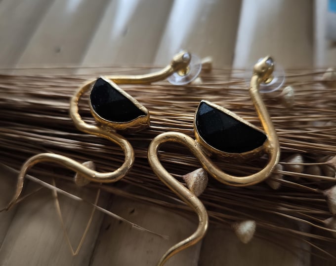 gold plated bronze snake earrings, with pearls and faceted black onyx
