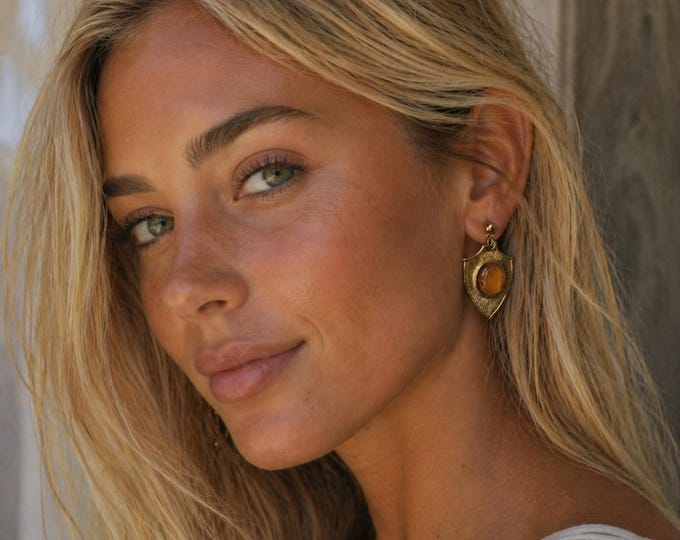 Byzantine-style earrings in galvanic gold and orange quartz - a handmade gift for her -